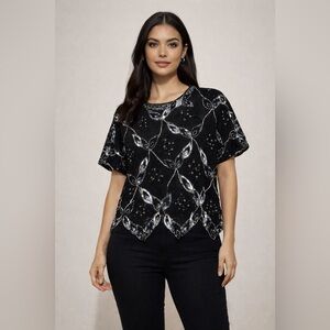 Vintage Argenti 100% Black Silk Hand Glass Beaded Statement Blouse Evening Top